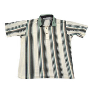 Vintage Tropical Palm Polo Shirt Adult LARGE White Black Green Striped 90s